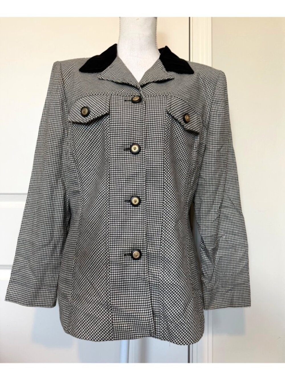 Vintage Perceptions By Irene B. Blazer Womens Houndstooth Velour Collar USA